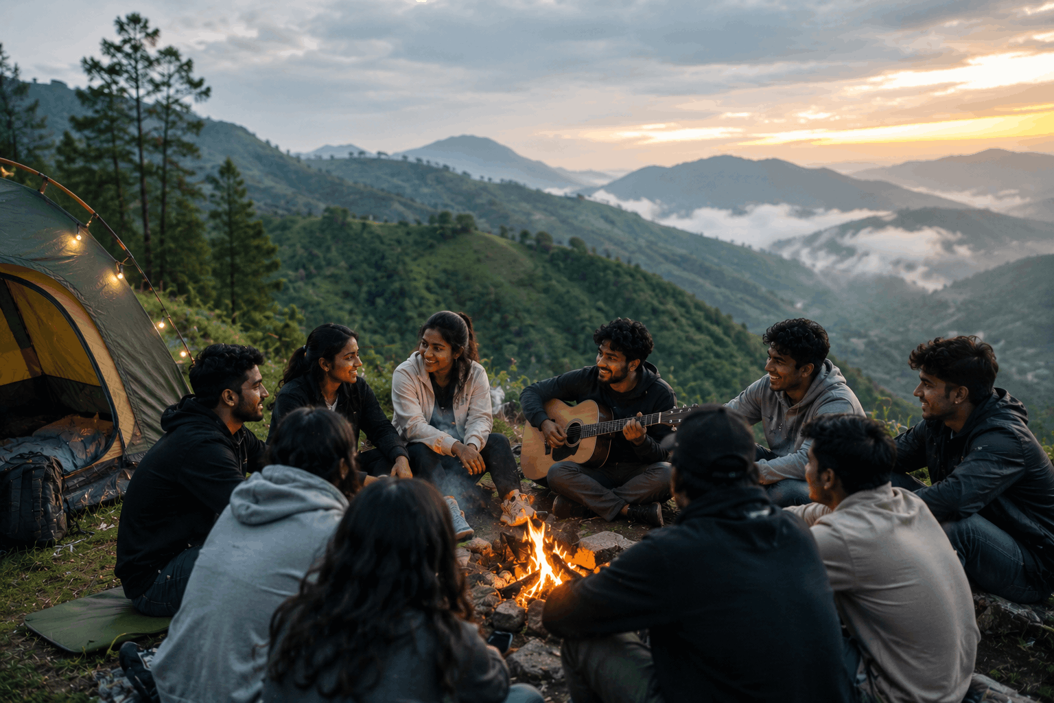 A group of travellers sitting around a campfire at dusk beside their campsite stay