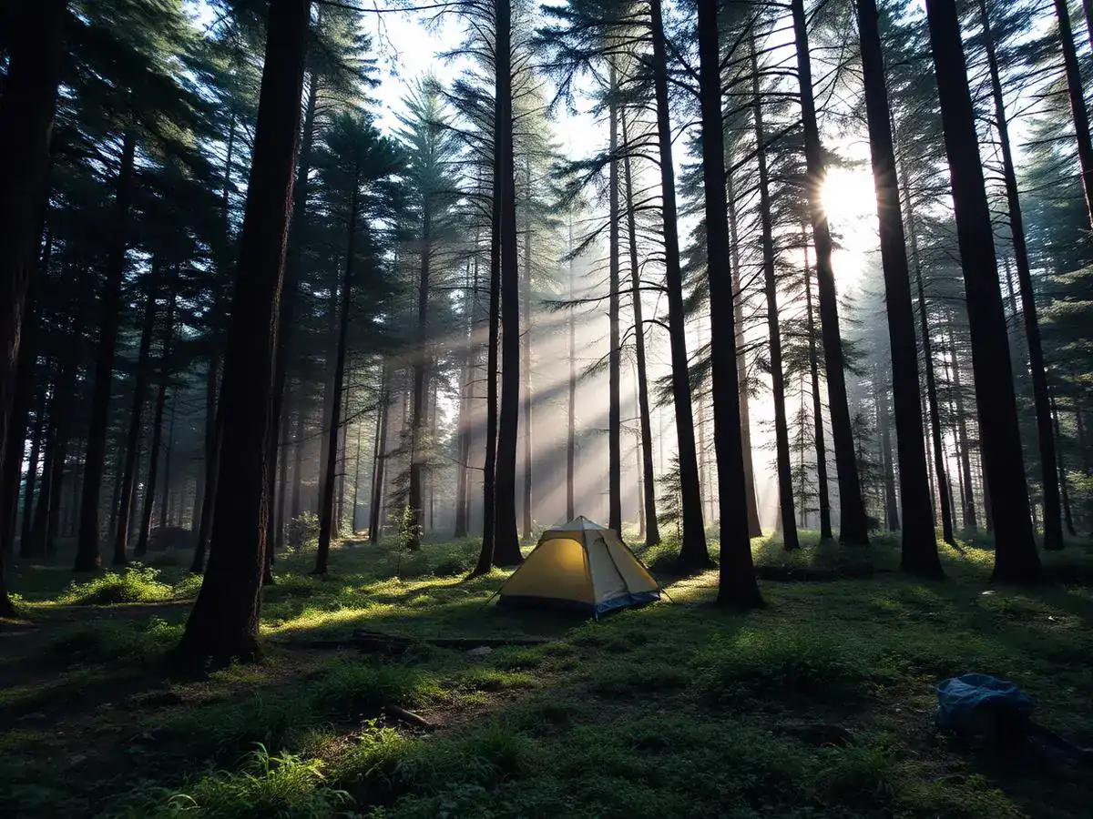 A single tent in a sunlit forest clearing